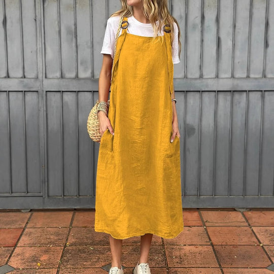 Damen lässiges Leinenkleid mit praktischen Taschen und verstellbaren Trägern EB