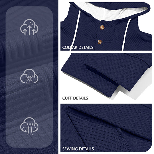 Herren nan strukturierter Kapuzen-Henley-Pullover mit Jacquardstruktur, Knopfleiste und Ellenbogenpatches EB