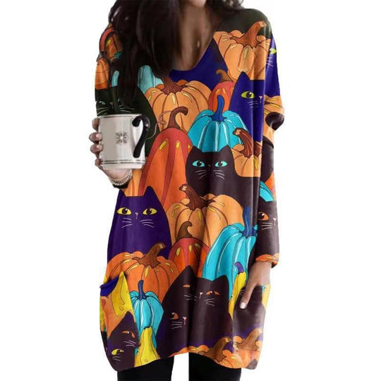 Damen Oversized Grafik Katze und Kürbis Tunika Kleid Heidi-Mode