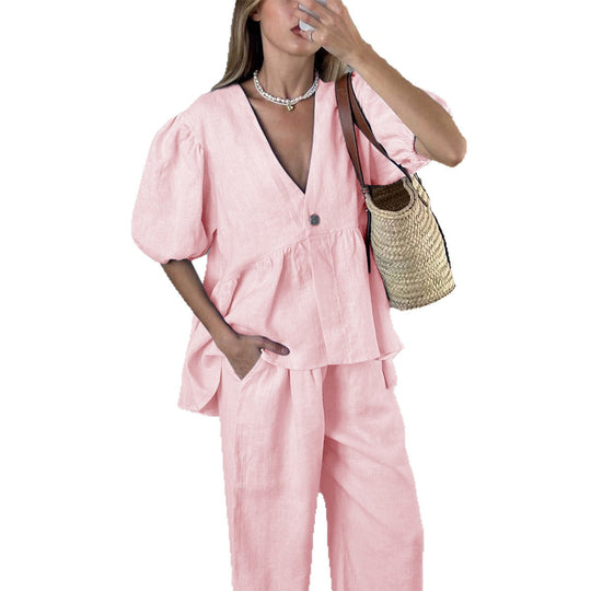 Damen elegantes Oberteil mit hohem Bund und weiten Hosen EB