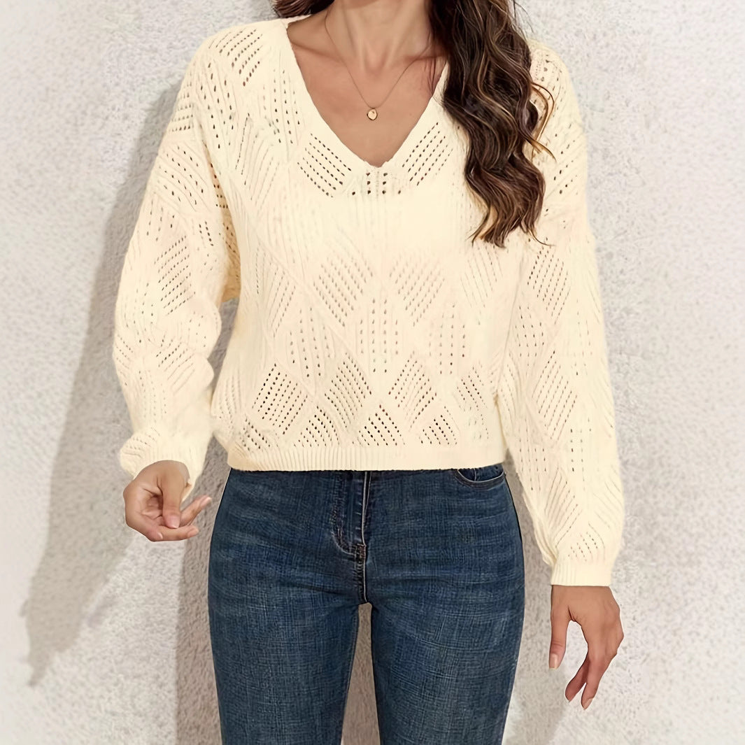 Damen V-Ausschnitt Grobstrickpullover mit filigranem Lochmuster EB