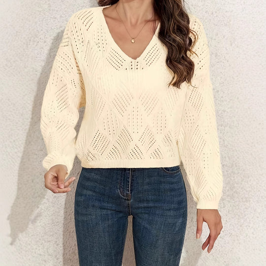 Damen V-Ausschnitt Grobstrickpullover mit filigranem Lochmuster EB