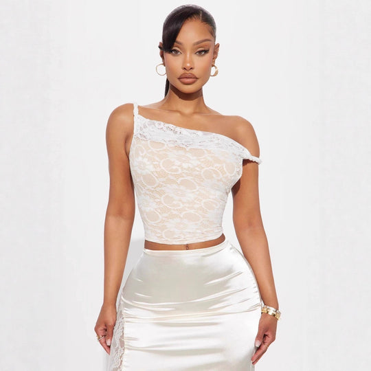 Damen Spitzenoberteil mit asymmetrischem Ausschnitt und romantischen Details EB