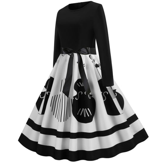 Damen Swing-Kleid im Retro-Stil mit instrumentalem Print, tailliertem Oberteil und voluminösem Tellerrock EB