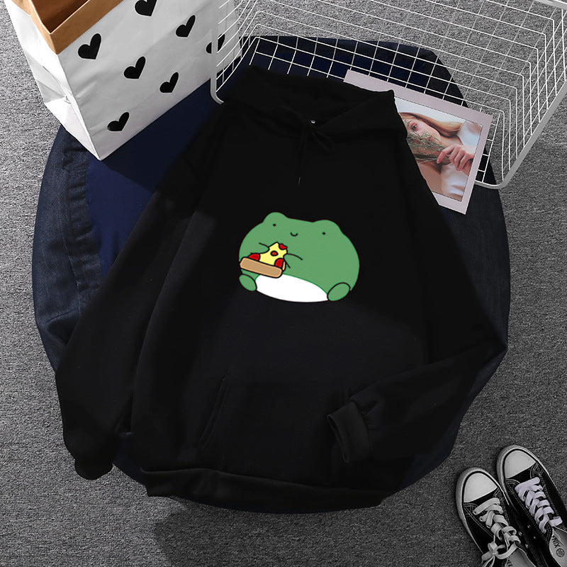 Damen nan gemütlicher Kapuzenpullover mit kawaii Frosch‑Pizza‑Motiv und oversized Relax‑Fit EB