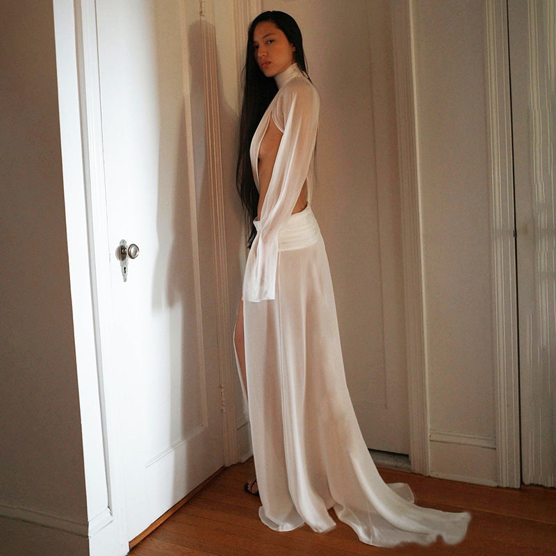 Damen elegantes Maxikleid mit durchscheinenden Ärmeln und seitlichem Schlitz EB