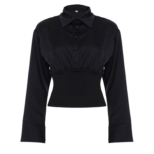 Damen nan taillierte Cropped-Bluse mit Hemdkragen und breitem Stretchbund EB