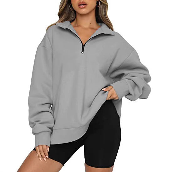 Damen nan oversized Sweatshirt mit halbem Reißverschluss, Stehkragen und überschnittener Schulter EB