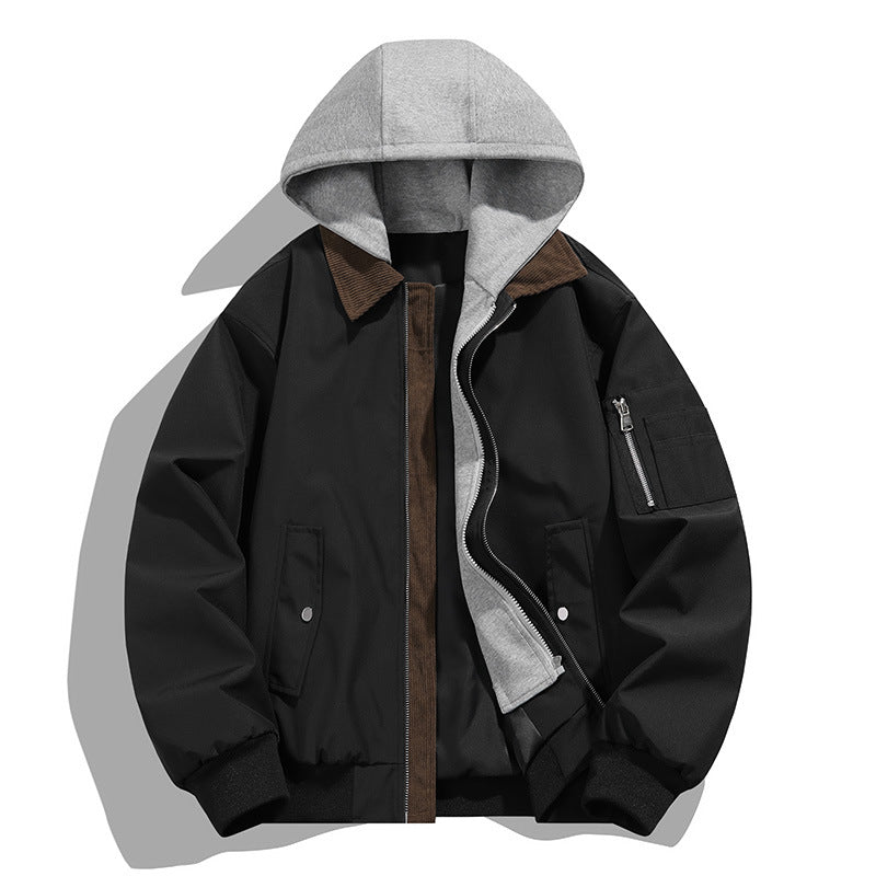 Herren lässige Freizeit-Bomberjacke mit innenliegendem Kapuzenlayer und Cord-Stehkragen EB