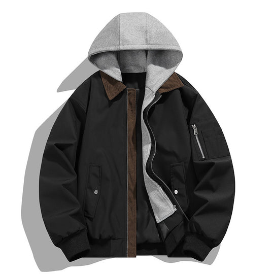 Herren lässige Freizeit-Bomberjacke mit innenliegendem Kapuzenlayer und Cord-Stehkragen EB