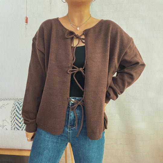 Damen Strickjacke mit dekorativem Schnürdesign und weitem Schnitt EB