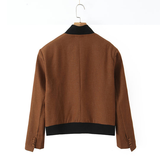 Damen modische Kurzjacke mit elegante Knopfleiste und kontrastierendem Kragen EB