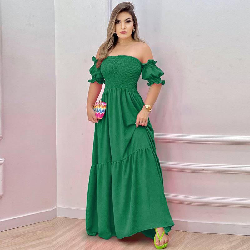 Damen Off-Shoulder Maxikleid mit voluminösen Puffärmeln und nostalgischer Raffung EB