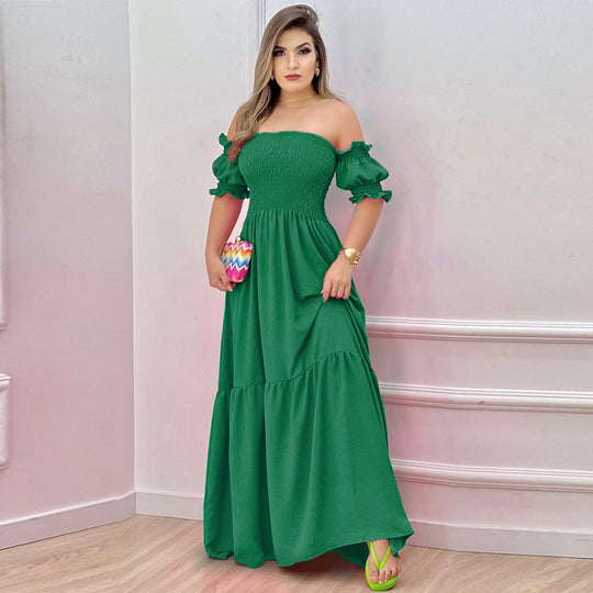 Damen Off-Shoulder Maxikleid mit voluminösen Puffärmeln und nostalgischer Raffung EB