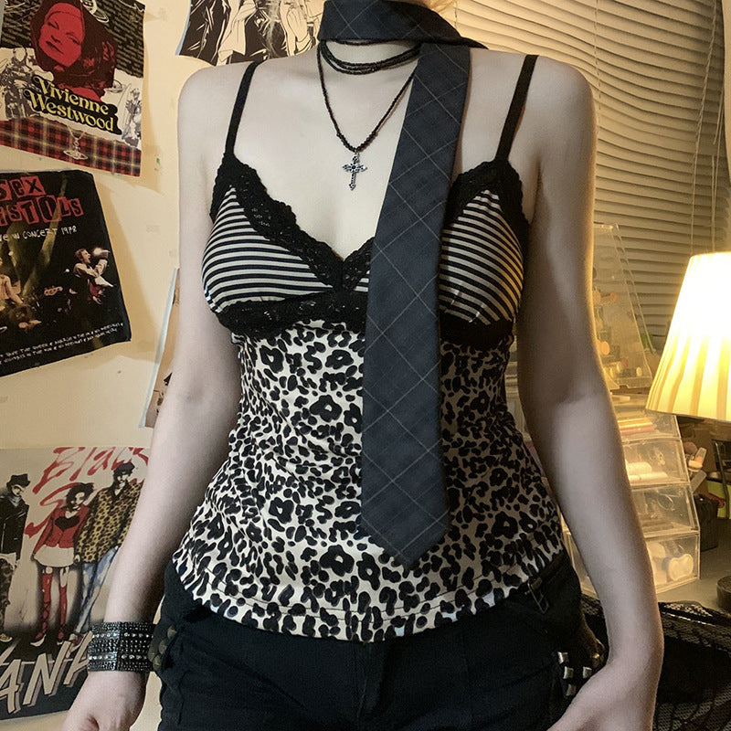 Damen Spaghetti-Trägertop mit elegantem Spitzenbesatz und modernem Leopardenmuster EB