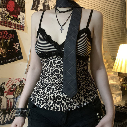 Damen Spaghetti-Trägertop mit elegantem Spitzenbesatz und modernem Leopardenmuster EB