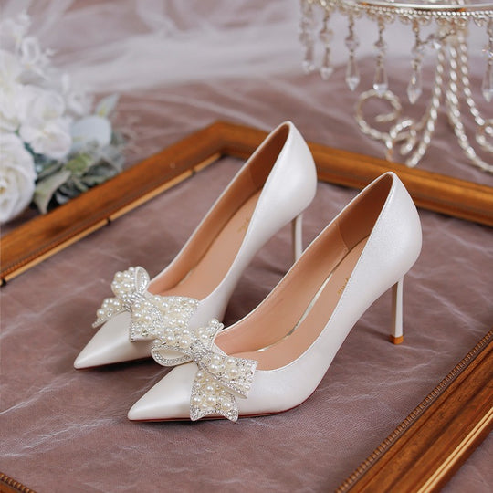 Damen Hochwertige Hochzeitspumps mit Perlenapplikation und raffiniertem Schleifendetail EB