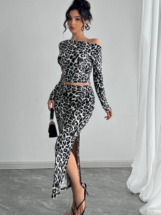 Damen Off-Shoulder Kombination mit Leopardenmuster und hohem Schlitz EB