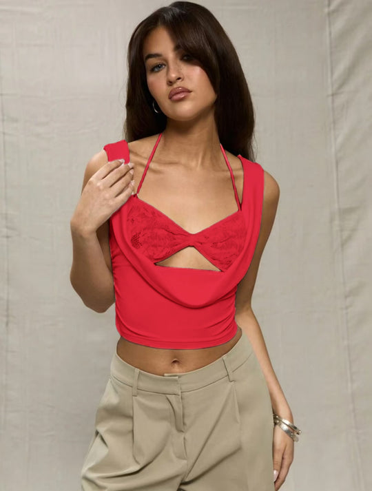 Damen Crop-Top mit verführerischen Cut-Outs und zartem Spitzeneinsatz EB