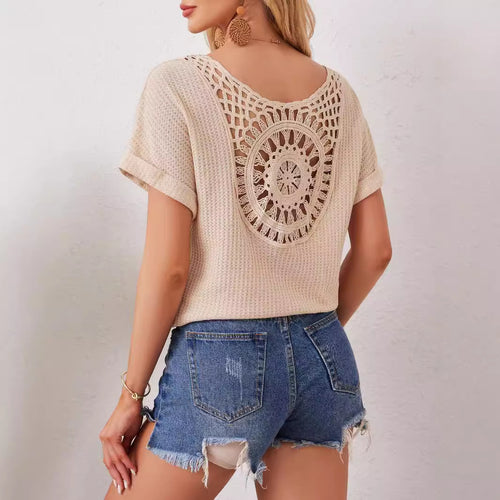 Damen Cropped Strickoberteil mit Häkel-Details EB
