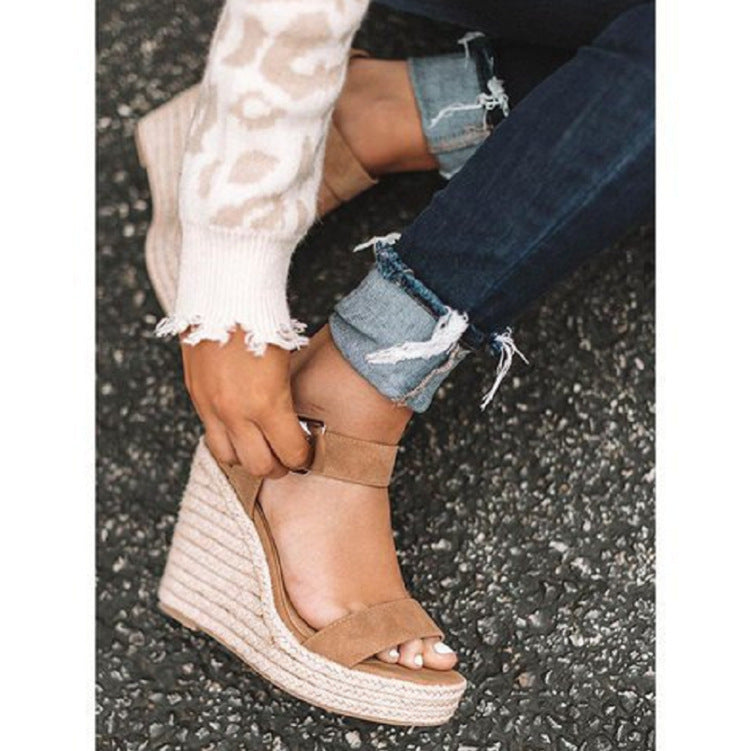 Damen Espadrille-Keilabsatz Sandaletten mit geflochtenem Plateau und verstellbarem Schnallenriemen EB