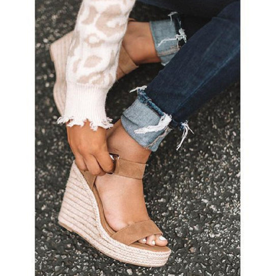 Damen Espadrille-Keilabsatz Sandaletten mit geflochtenem Plateau und verstellbarem Schnallenriemen EB
