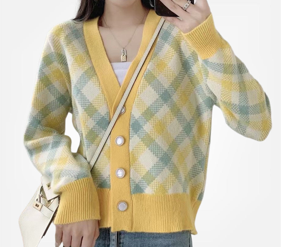 Damen modischer Strickcardigan mit Karomuster und eleganter Knopfleiste EB