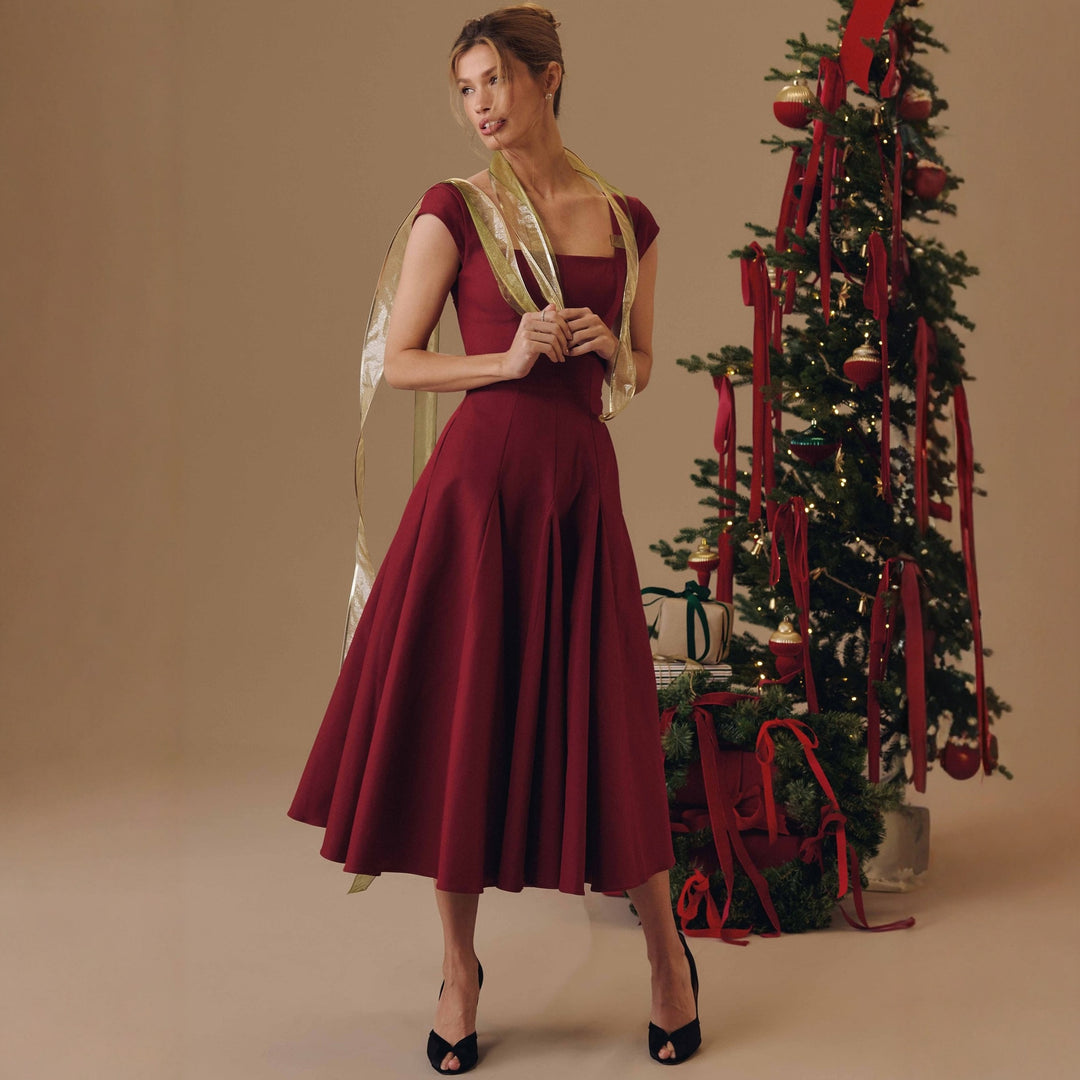 Damen Midi-Kleid mit quadratischem Ausschnitt und weit schwingendem Rock EB