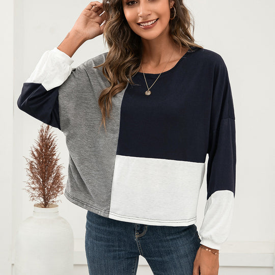 Damen lässiges Oversized T-Shirt mit Farbblockdesign und Rundhalsausschnitt EB