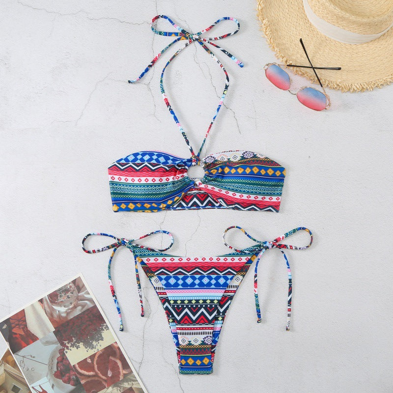 Damen Bandeau-Bikini mit verstellbaren Bindebändern und farbenfrohem Muster EB