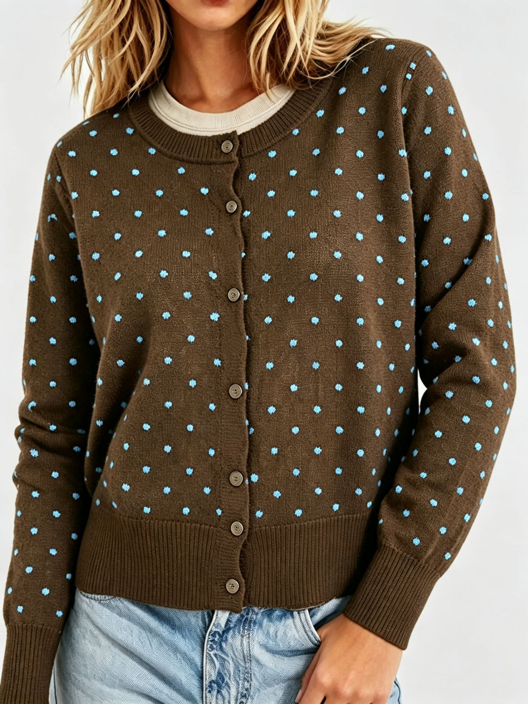Damen Gepunktete Feinstrick-Cardigan mit Rundhals und Rippbündchen EB