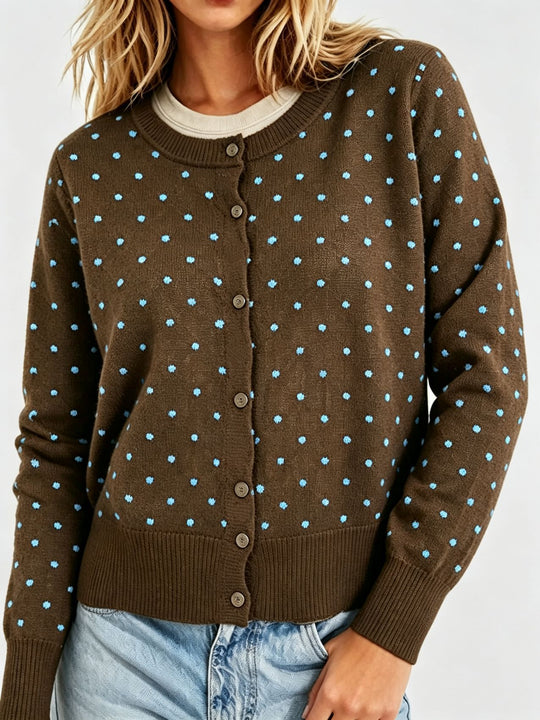 Damen Gepunktete Feinstrick-Cardigan mit Rundhals und Rippbündchen EB