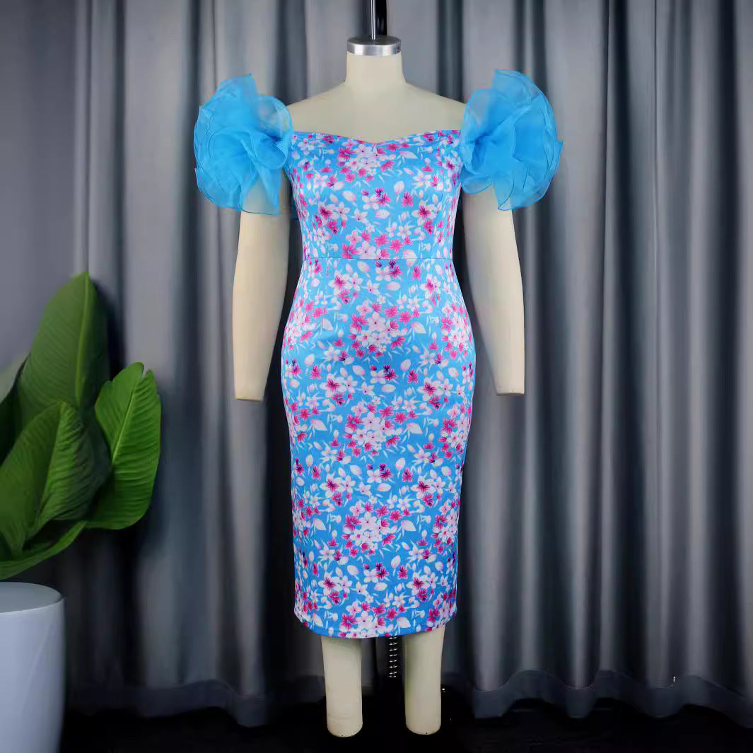 Damen Etuikleid mit romantischen Blumenmustern und voluminösen Puffärmeln EB