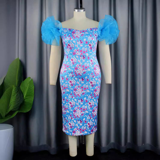 Damen Etuikleid mit romantischen Blumenmustern und voluminösen Puffärmeln EB