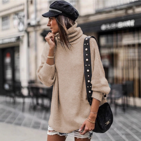 Damen Pullover mit hohem Kragen und grobem Strickmuster EB