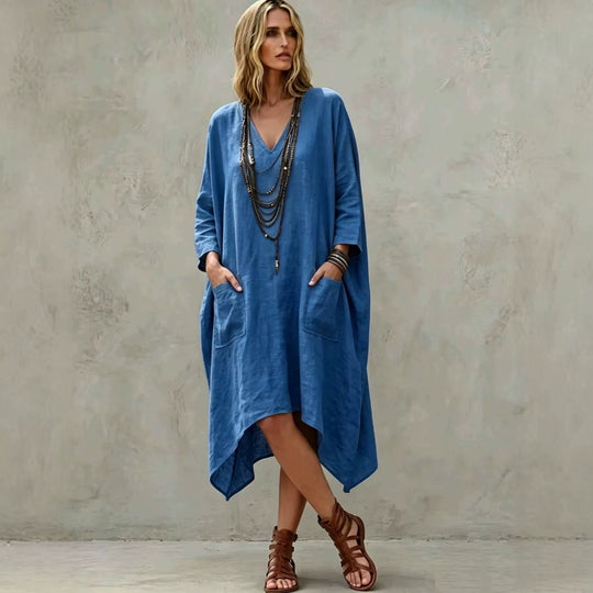 Damen nan Oversize Kaftankleid mit V-Ausschnitt, Eingrifftaschen und asymmetrischem Saum EB