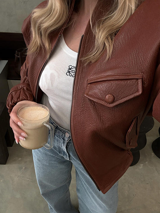 Damen Modische Kunstlederjacke mit einzigartigen Taschen und elastischen Rippabschlüssen EB