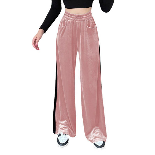 Damen weite Palazzo-Hose aus samtigem Material mit hohem Taillenbund und praktischen Taschen EB