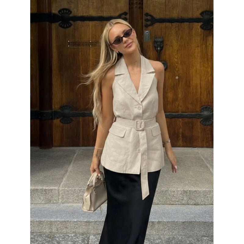 Damen ärmellose Blazer mit Bindegürtel und hoher Taillierung EB