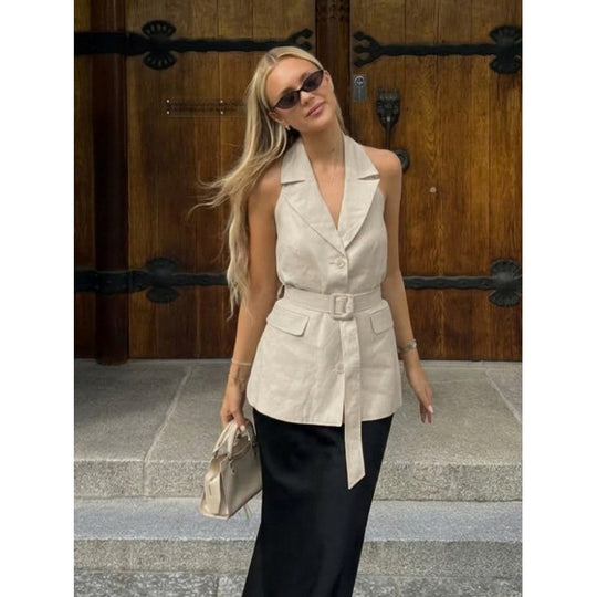 Damen ärmellose Blazer mit Bindegürtel und hoher Taillierung EB
