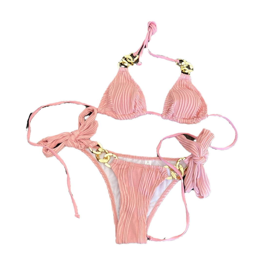 Damen Triangel-Bikini mit plissierten Details und goldenen Akzenten EB