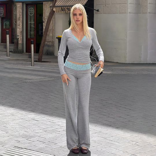 Damen nan Lounge-Set mit Spitzenbund, V-Ausschnitt und ausgestellter Schlaghose EB