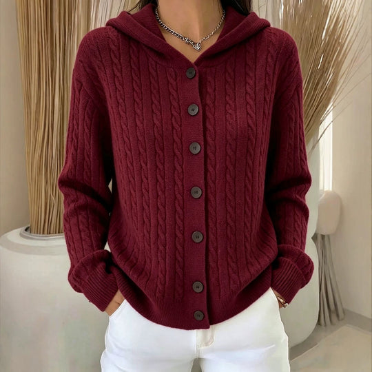 Damen Kapuzen-Cardigan mit Zopfmuster und durchgehender Knopfleiste EB