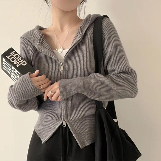 Damen lässige Strickjacke mit Kapuze und Reißverschluss EB