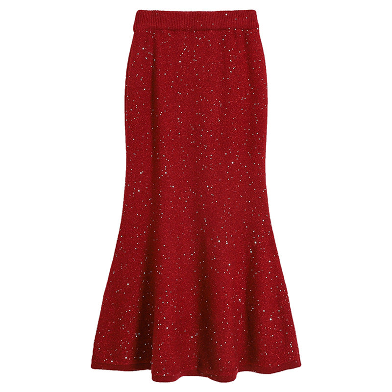 Damen  figurbetonter gestrickter Midirock mit Glitzerfaser und Trompetensaum EB