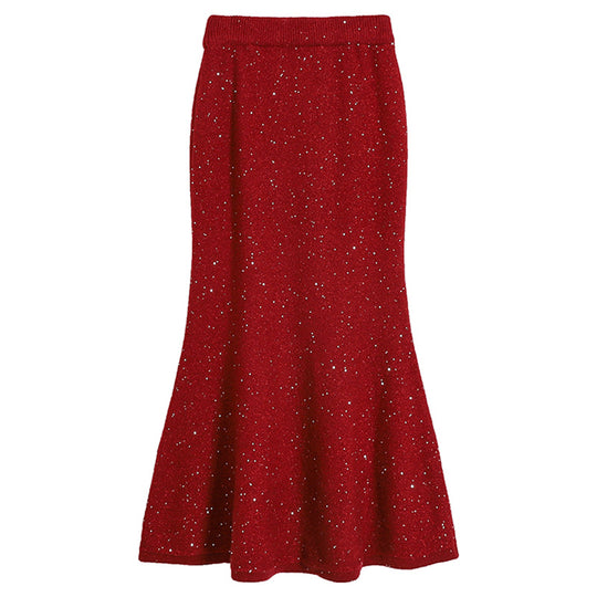 Damen  figurbetonter gestrickter Midirock mit Glitzerfaser und Trompetensaum EB