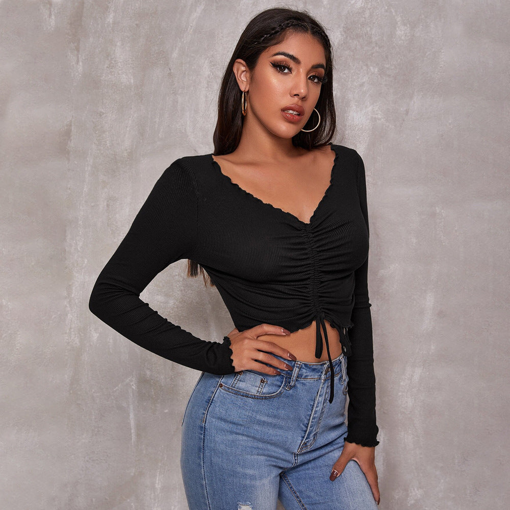 Damen geripptes Cropped-Longsleeve mit Tunnelzugvorderseite, Bindekordeln und gewelltem Saum Eichborn Berlin