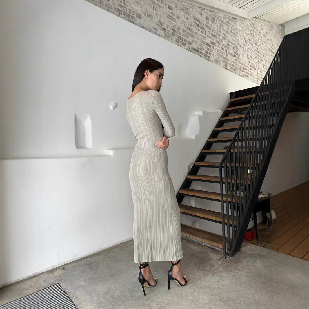 Damen Elegantes Rippstrick-Kleid mit langem Arm und Figurbetonter Silhouette EB