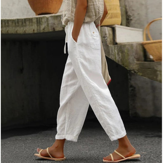 Damen lässige Leinenhose mit elastischem Bund und seitlichen Taschen EB