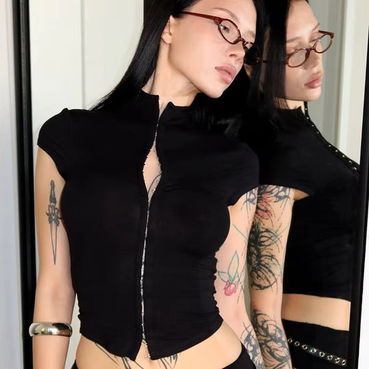 Damen sportliches Kurzarm-T-Shirt mit hoher Kragenführung EB
